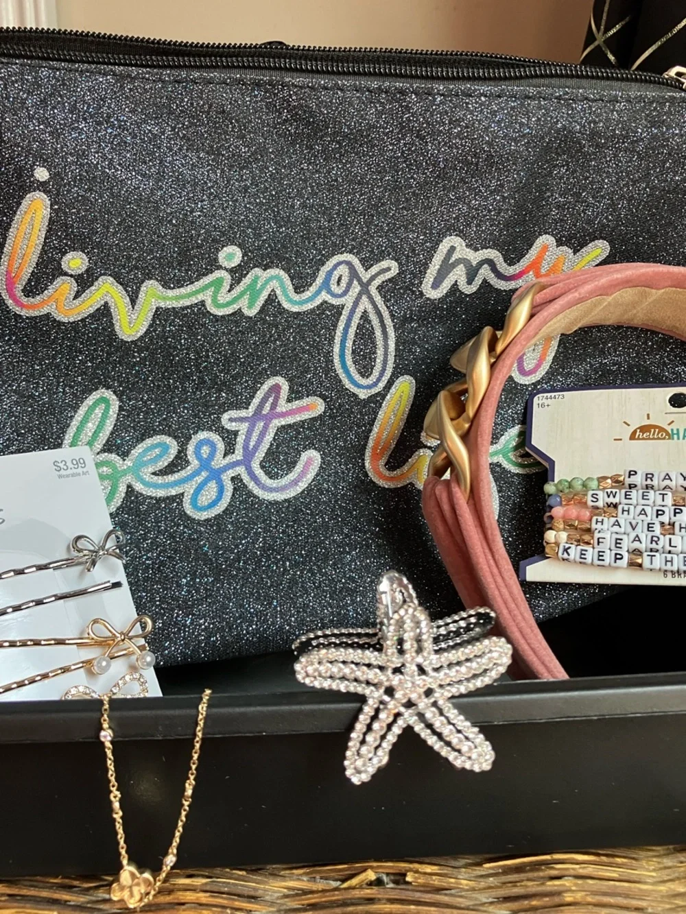 Glitter Black 'Living My Best Life' Cosmetic Pouch w/FREE- hair accessories&MORE